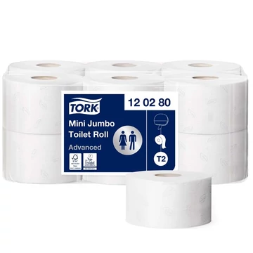 Toalettpapír 2 rétegű közületi átmérő: 18,8 cm 850 lap/tekercs 12 tekercs/karton Advanced Mini Jumbo T2 Tork_120280fehér