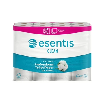 Toalettpapír 3 rétegű kistekercses 100% cellulóz 120 lap/tekercs 14m/tekercs 24 tekercs/csomag Esentis Clean