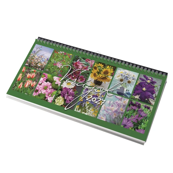 Asztali naptár 320mmx155mm, Virágok fehérlapok fekvő zöld műbőrrel borított tartóval Realsystem 2027.