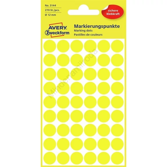 Etikett címke, o12mm, jelölésre, 54 címke/ív, 5 ív/doboz, Avery sárga
