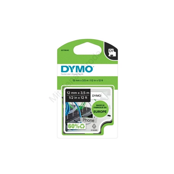 Feliratozógép szalag Dymo D1 flexibilis ID S0718040/16957 12mmx3,5m, fekete/fehér