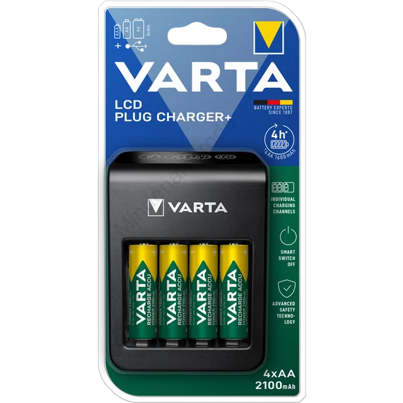 Elemtöltő, akku LCD Plug töltő + 4 db AA 2100 mAH Varta