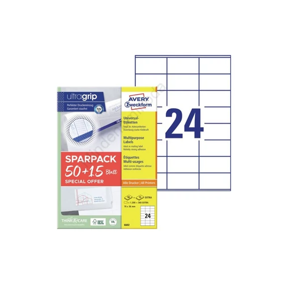 Etikett címke, 70x36mm, univerzális, 65 lap, 24 címke/lap Avery, fehér