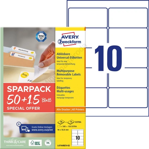 Etikett címke, 96x50,8mm, 25lap 10 címke/lap visszaszedhető Avery
