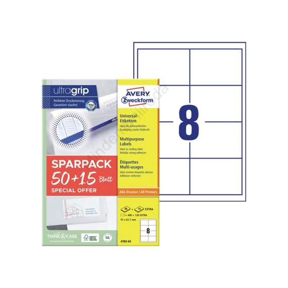 Etikett címke, 97x67,7mm, univerzális, 65 lap, 8 címke/lap Avery, fehér