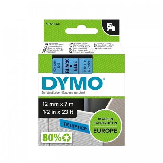 Feliratozógép szalag kompatibilis Dymo D1 S0720560/45016 12mmx7m fekete/kék ECO