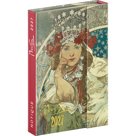 Határidőnapló mágnessel záródó, heti, fehér lapokkal Alphonse Mucha 110x160mm, Presco