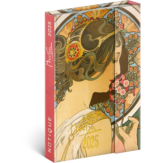 Határidőnapló mágnessel záródó, krémszínű lapokkal Alphonse Mucha 110×160 mm, Presco