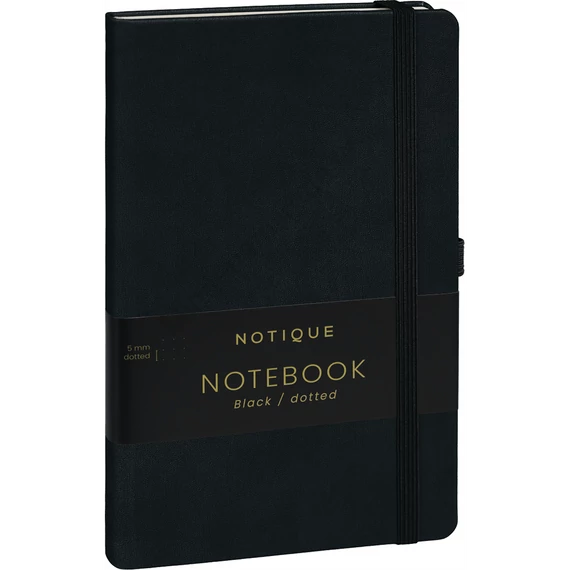 Keménytáblás notesz pontozott vonalozással krémszínű lapokkal leszorító gumiszalaggal Black 130x210mm, Presco