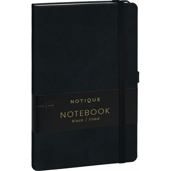 Keménytáblás notesz vonalas krémszínű lapokkal leszorító gumiszalaggal Black 130x210mm, Presco