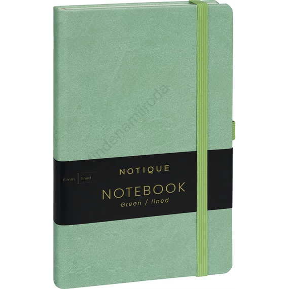 Keménytáblás notesz vonalas krémszínű lapokkal leszorító gumiszalaggal Green 130x210mm, Presco