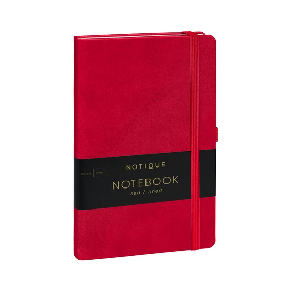 Keménytáblás notesz vonalas krémszínű lapokkal leszorító gumiszalaggal Red 130x210mm, Presco