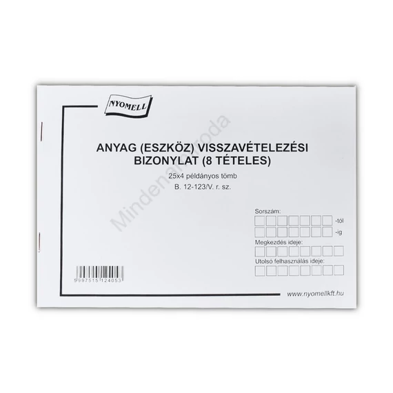 Készlet visszavételezési bizonylat 8 tételes 25x4 lapos tömb A/5 fekvő B.12-123/V Bluering