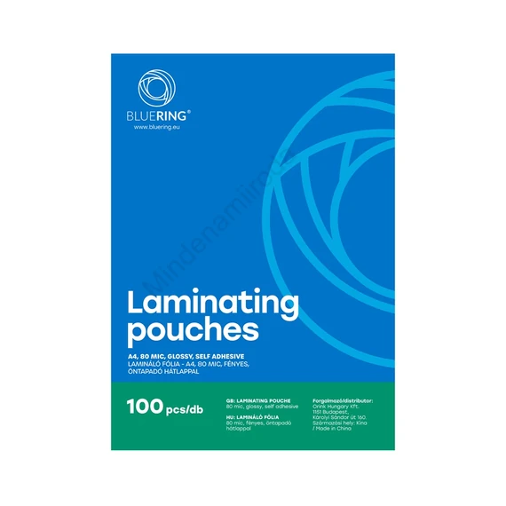 Lamináló fólia A4, 80 micron öntapadó hátlappal 100 db/doboz, Bluering®,