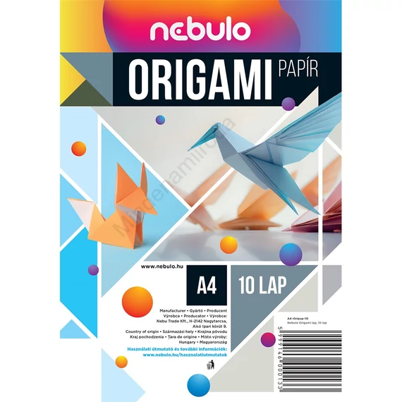 Origami papír A4, vegyes színek, 10 lap/csomag, Nebulo