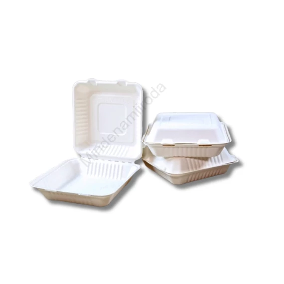 Papírdoboz ételes 1 részes HP4, 23 x 23 x 8 cm komposztálható cukornád 100 db/csomag, natúr