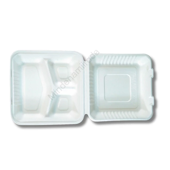 Papírdoboz ételes 3 részes HP4, 23 x 23 x 8cm komposztálható cukornád 100 db/csomag, natúr