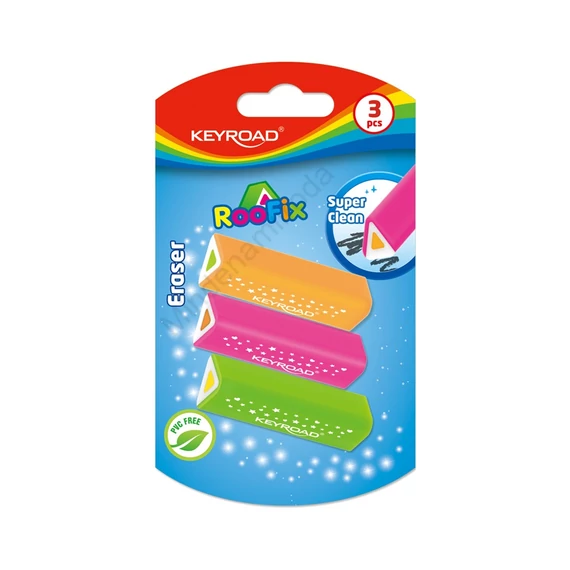 Radír, PVC mentes 3 db/bliszter Keyroad Roo Fix vegyes színek