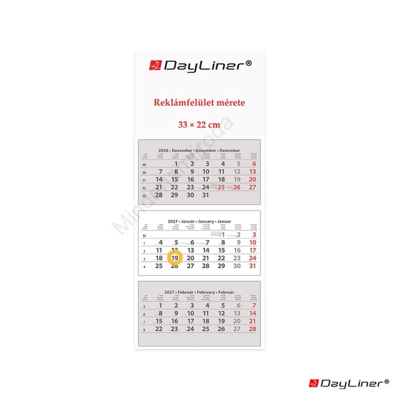 Speditőr naptár 3 tömb, 3 hónap SP-30 330 × 760 mm, fehér lapokkal Fejrész üres Dayliner 2027.