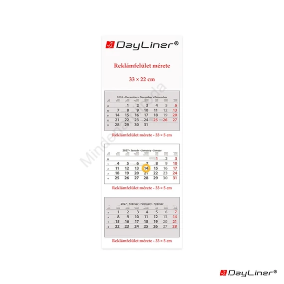 Speditőr naptár 3 tömb, 3 hónap SP-3 330 × 880 mm, fehér lapokkal Fejrész üres Dayliner 2027.