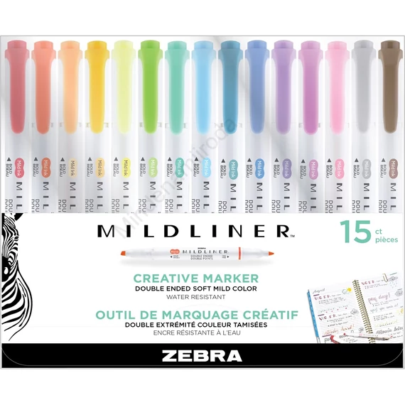 Szövegkiemelő készlet, 1,4/4 mm, kétvégű, Zebra Mildliner Highlighter, 15 különböző szín