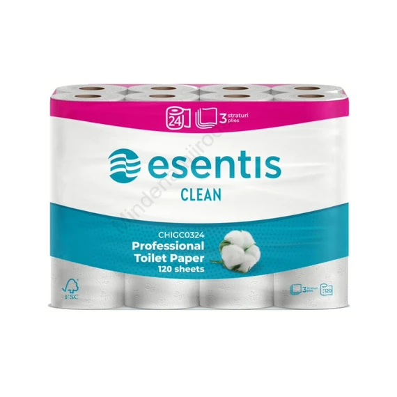Toalettpapír 3 rétegű kistekercses 100% cellulóz 120 lap/tekercs 14m/tekercs 24 tekercs/csomag Esentis Clean