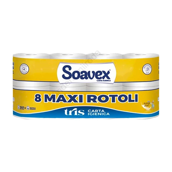 Toalettpapír 3 rétegű kistekercses 100% cellulóz 155 lap/17,5 m/tekercs 8 tekercs/csomag Soavex Maxi Rotoli_Paperdi