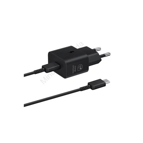 Töltő hálózati SAMSUNG Type-C aljzat (25W, GaN, PD gyorstöltő + Type-C kábel) fekete