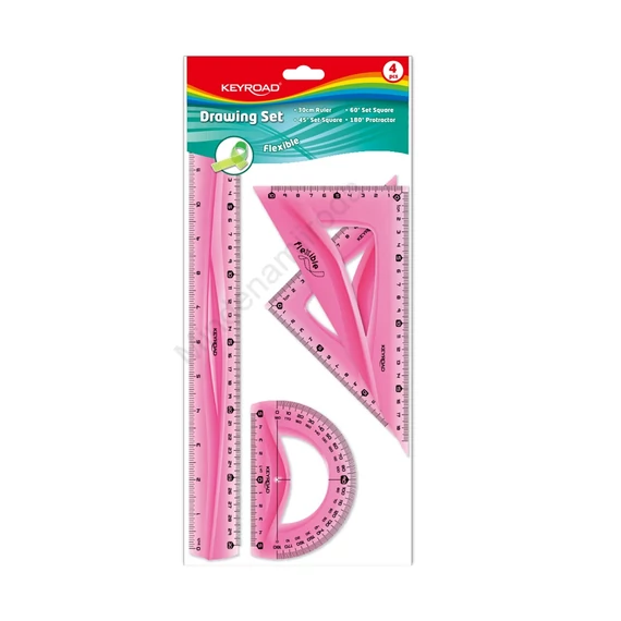 Vonalzókészlet, 30 cm, flexibilis vonalzó, szögmérő, 45° és 60° háromszög vonalzók 4 db/bliszter Keyroad vegyes színek