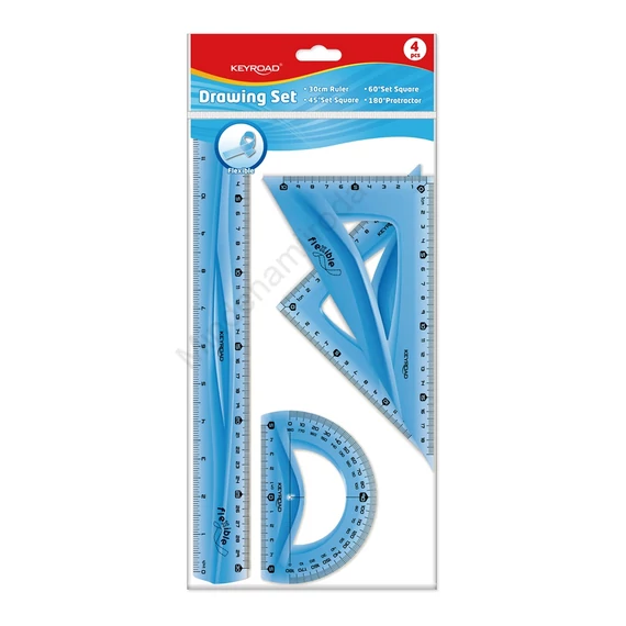 Vonalzókészlet, 30 cm, flexibilis vonalzó, szögmérő, 45° és 60° háromszög vonalzók 4 db/bliszter Keyroad vegyes színek