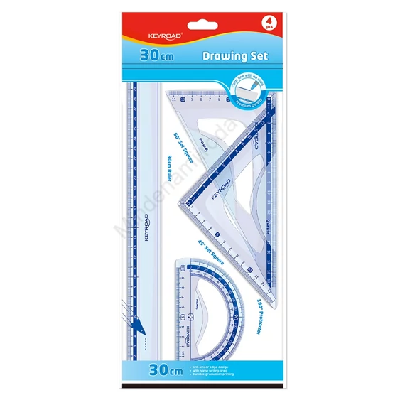 Vonalzókészlet, 30 cm, vonalzó, szögmérő, 45° és 60° háromszög vonalzók 4 db/bliszter Keyroad